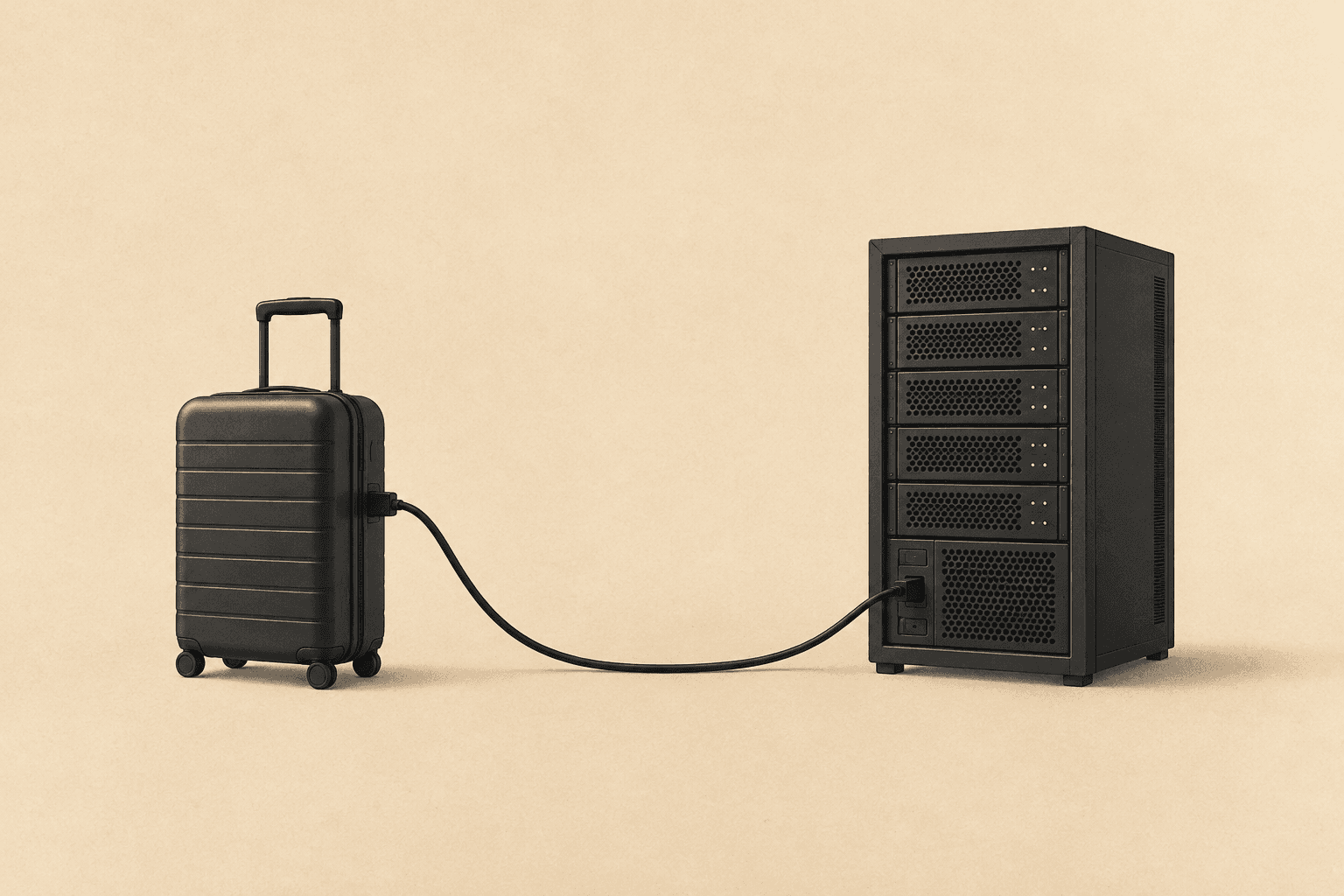A travel suitcase connected by a cable to a server rack on a warm sand background.