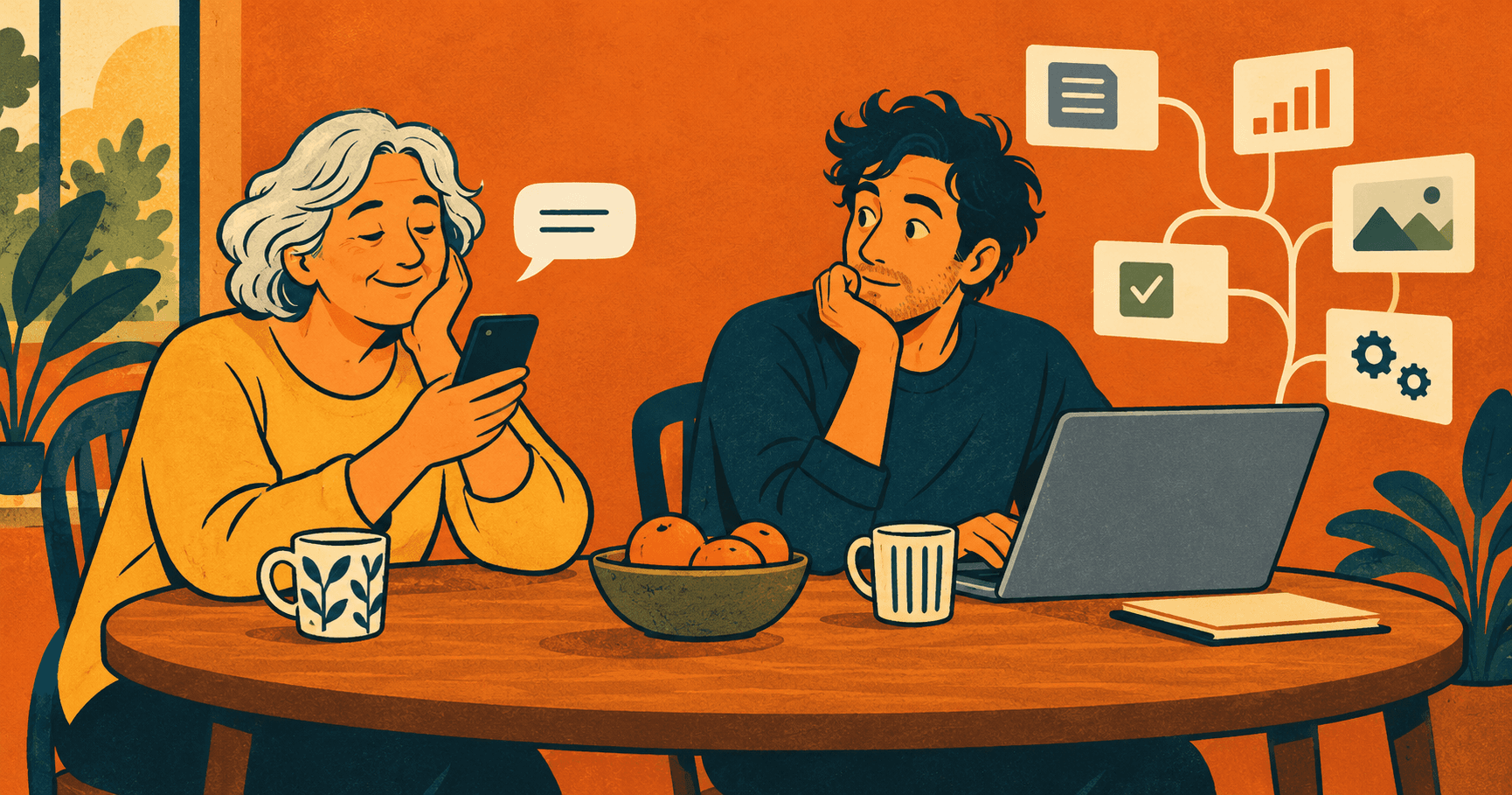 An older adult uses a phone at a shared table while a younger adult at a laptop looks over, with branching task symbols behind the laptop.