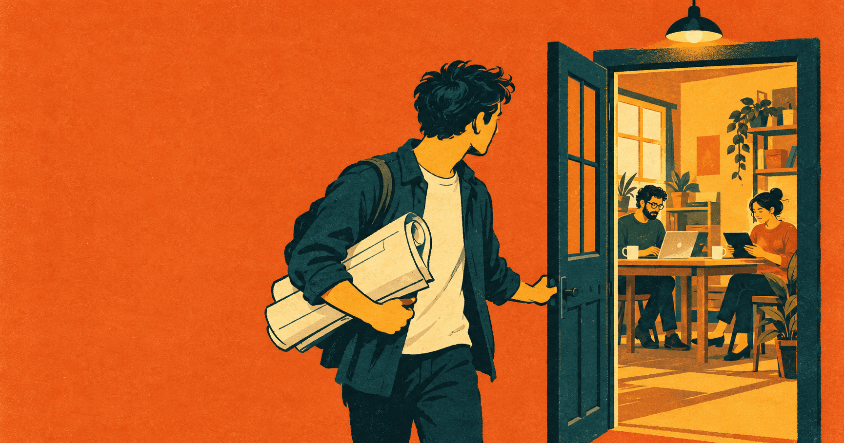 A builder carrying new plans turns back and holds a door open for two people still using the workspace inside.